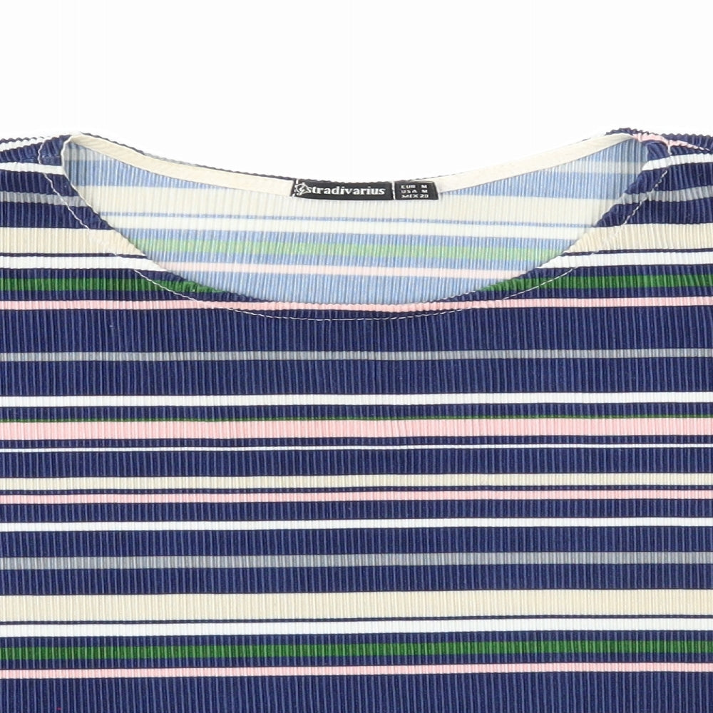 Stradivarius Womens Blue Striped Polyester Cropped T-Shirt Size M Scoop Neck