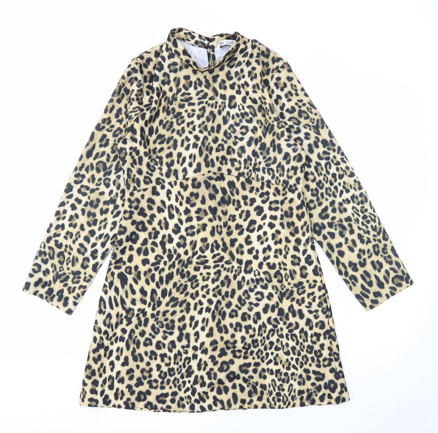 Zara Womens Brown Animal Print Polyester A-Line Size M Mock Neck Zip - Leopard Pattern