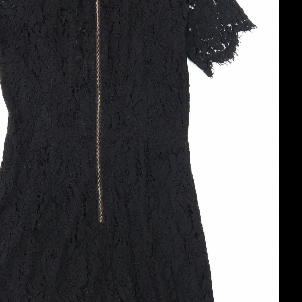 Marks and Spencer Womens Black Geometric Polyamide A-Line Size 12 Round Neck Zip