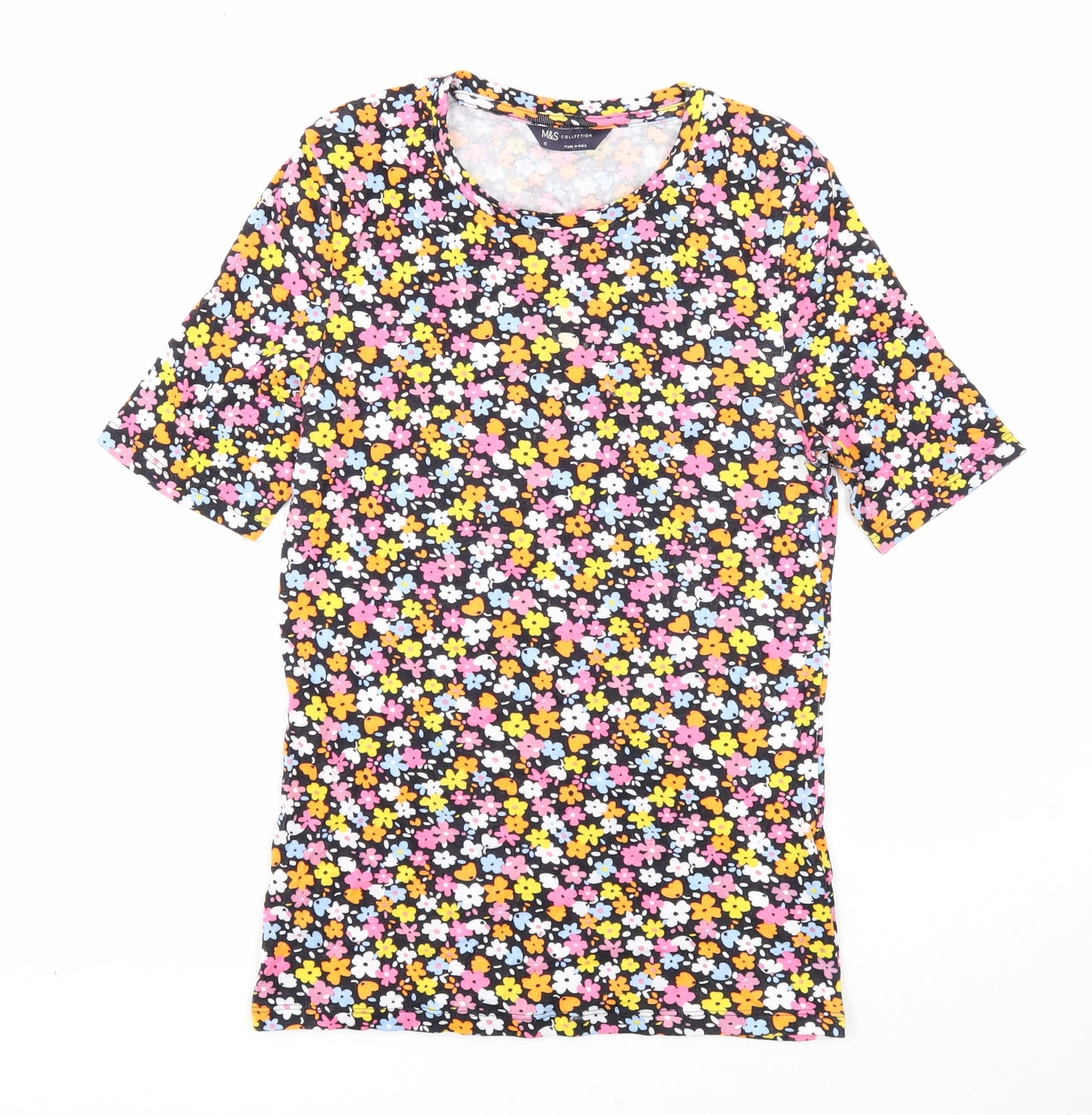 Marks and Spencer Womens Multicoloured Floral Cotton Basic T-Shirt Size 10 Scoop Neck