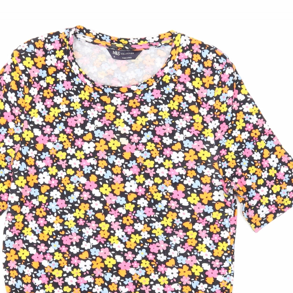 Marks and Spencer Womens Multicoloured Floral Cotton Basic T-Shirt Size 10 Scoop Neck