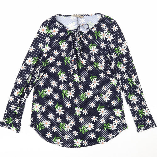 Poetic Soul Womens Blue Floral Polyester Basic Blouse Size S Scoop Neck - Tie Neck Detail