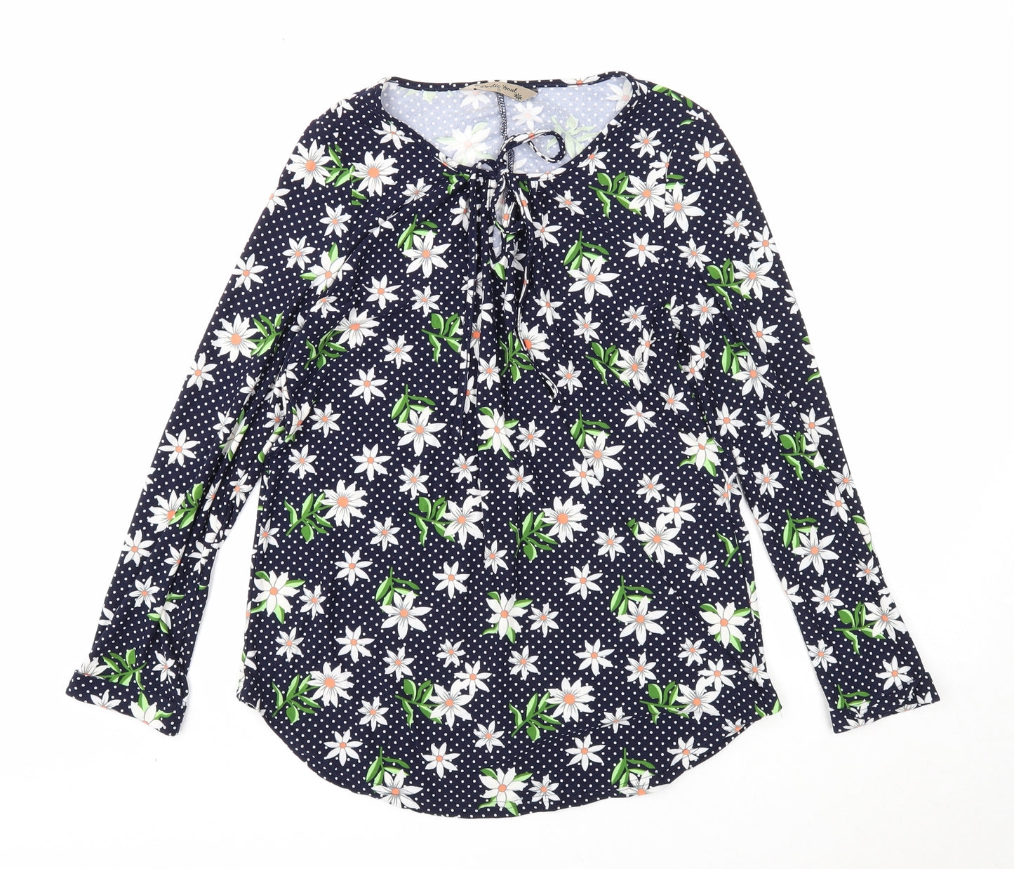 Poetic Soul Womens Blue Floral Polyester Basic Blouse Size S Scoop Neck - Tie Neck Detail