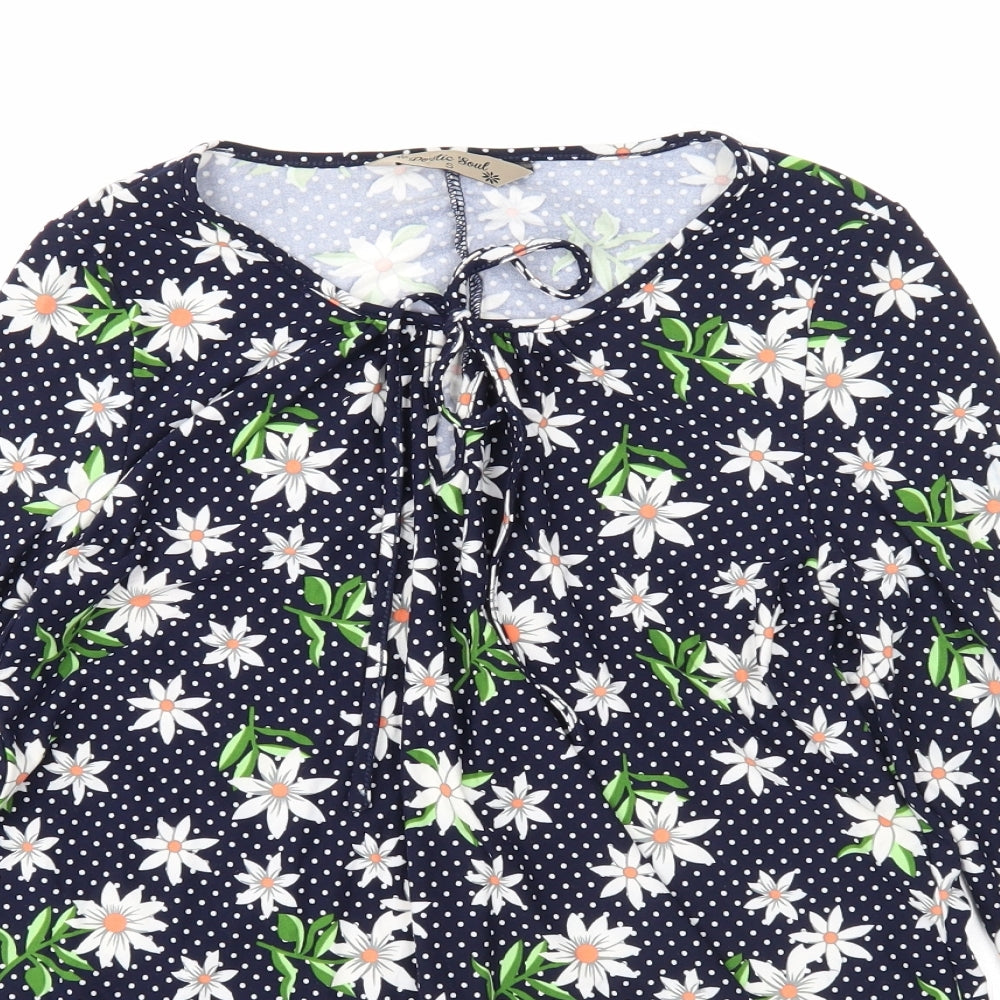 Poetic Soul Womens Blue Floral Polyester Basic Blouse Size S Scoop Neck - Tie Neck Detail