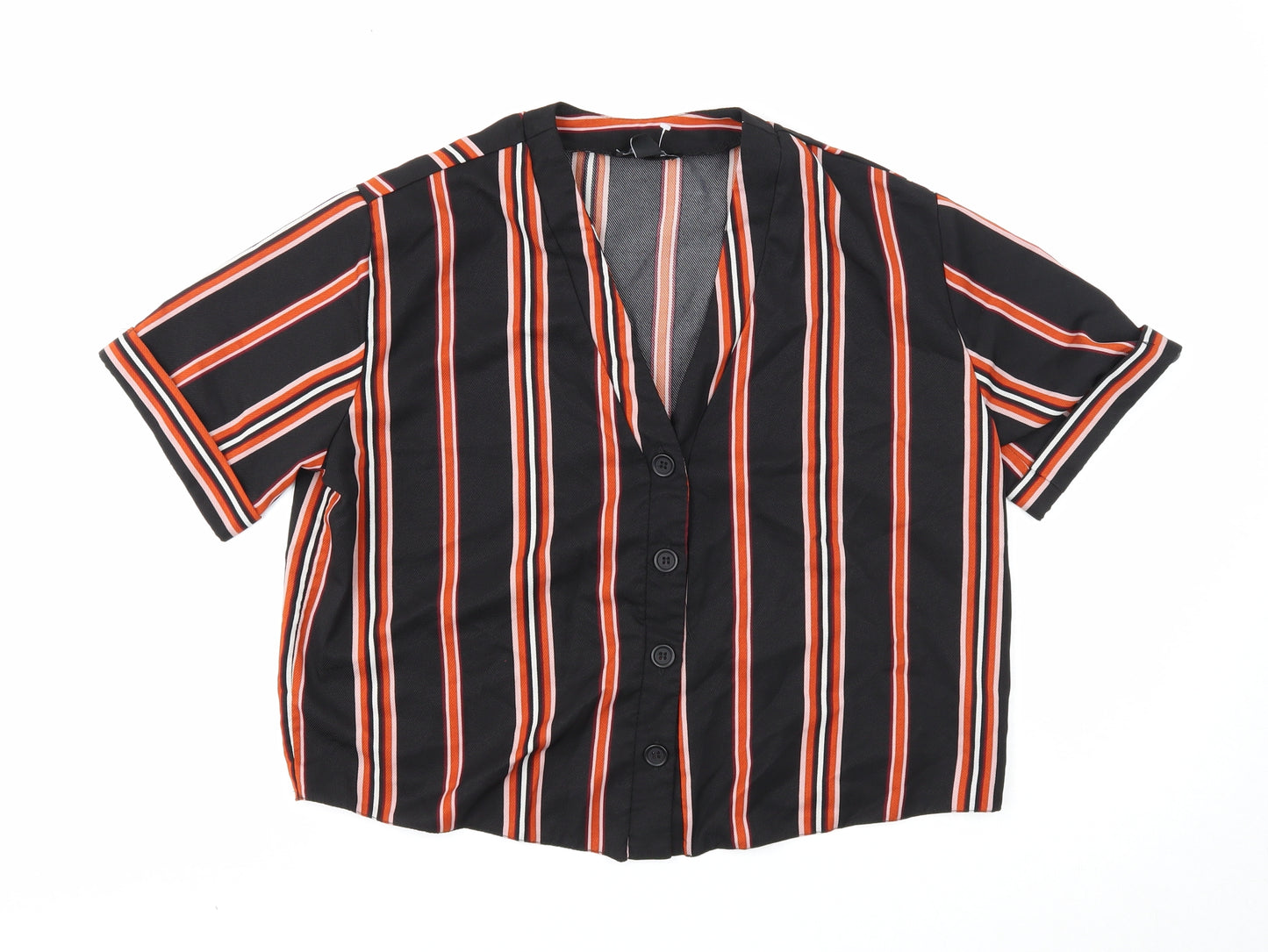 New Look Womens Black Striped Polyester Basic Blouse Size 12 V-Neck - Cropped
