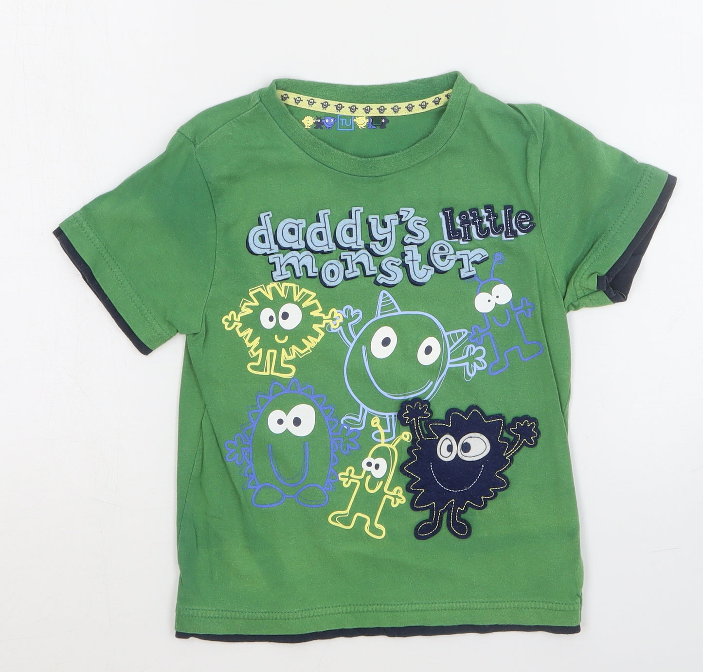 TU Boys Green Cotton Basic T-Shirt Size 4-5 Years Round Neck Pullover - Daddy's Little Monster