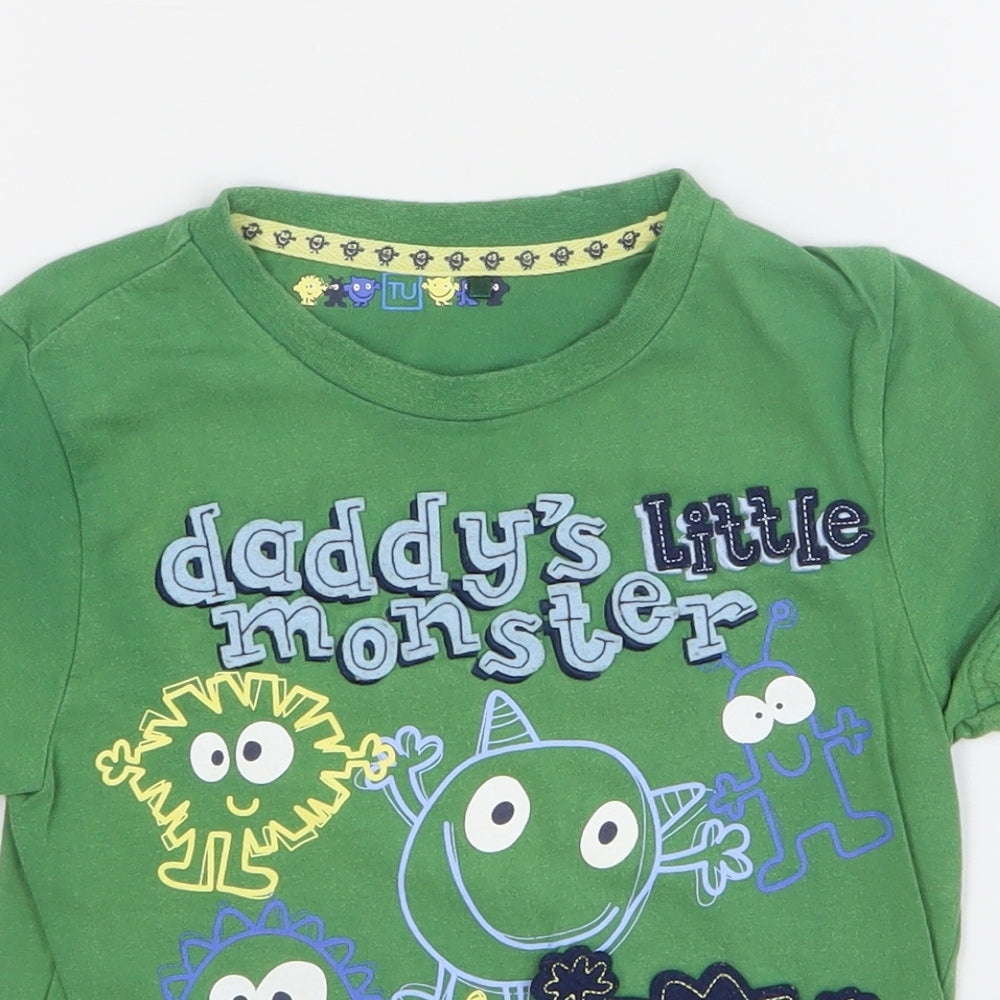 TU Boys Green Cotton Basic T-Shirt Size 4-5 Years Round Neck Pullover - Daddy's Little Monster