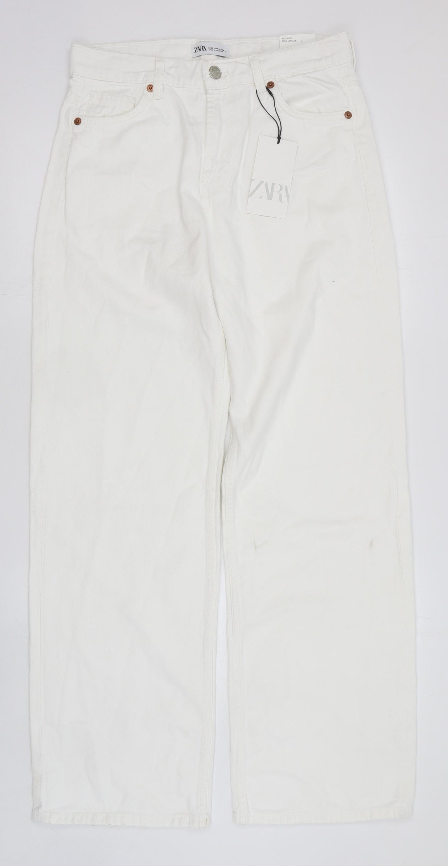 Zara Womens White Cotton Straight Jeans Size 8 Relaxed Button