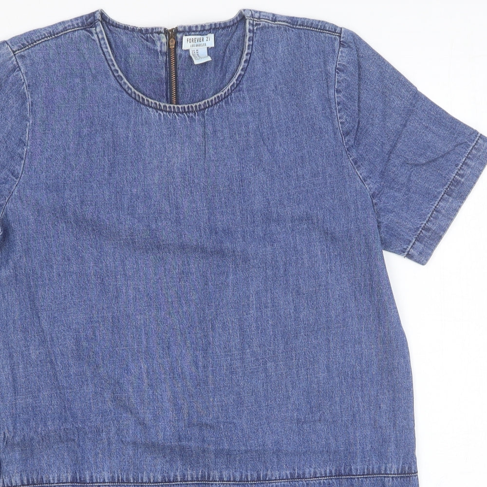 FOREVER 21 Womens Blue Cotton Shift Size M Round Neck Zip