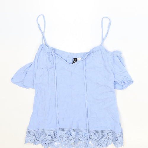 Divided Womens Blue Viscose Basic Blouse Size 10 V-Neck - Tie Neck Detail Cold Shoulder