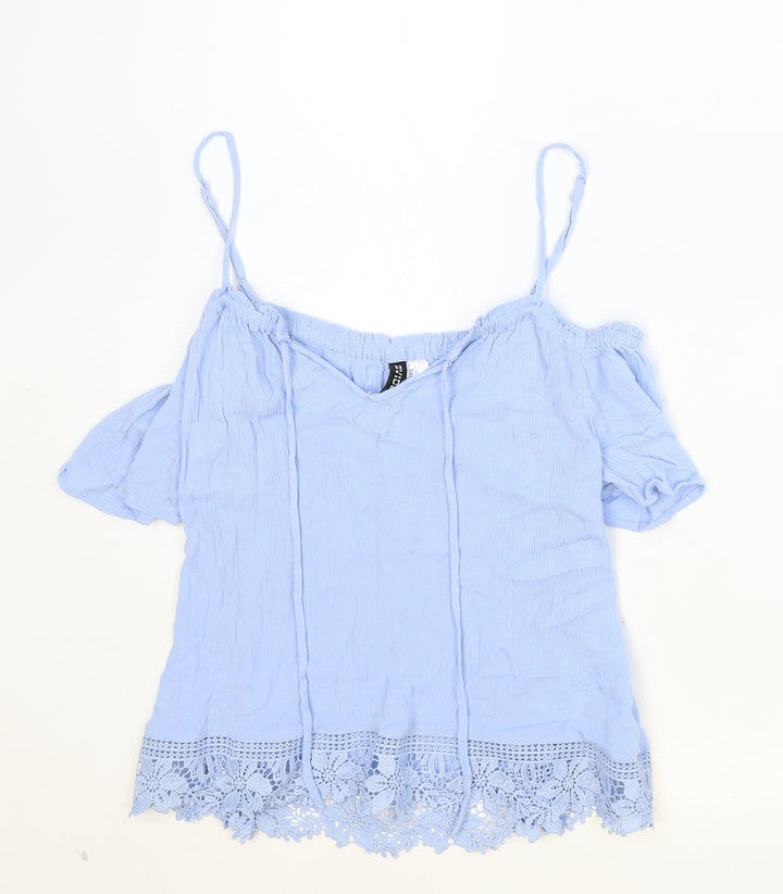Divided Womens Blue Viscose Basic Blouse Size 10 V-Neck - Tie Neck Detail Cold Shoulder