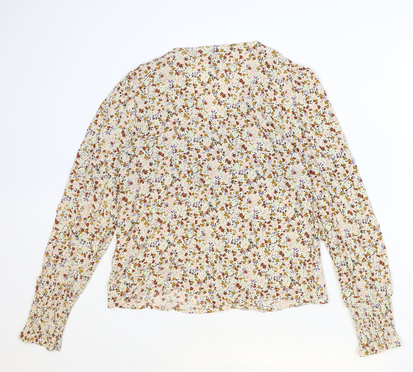 YAS Womens Beige Floral Viscose Basic Blouse Size S V-Neck