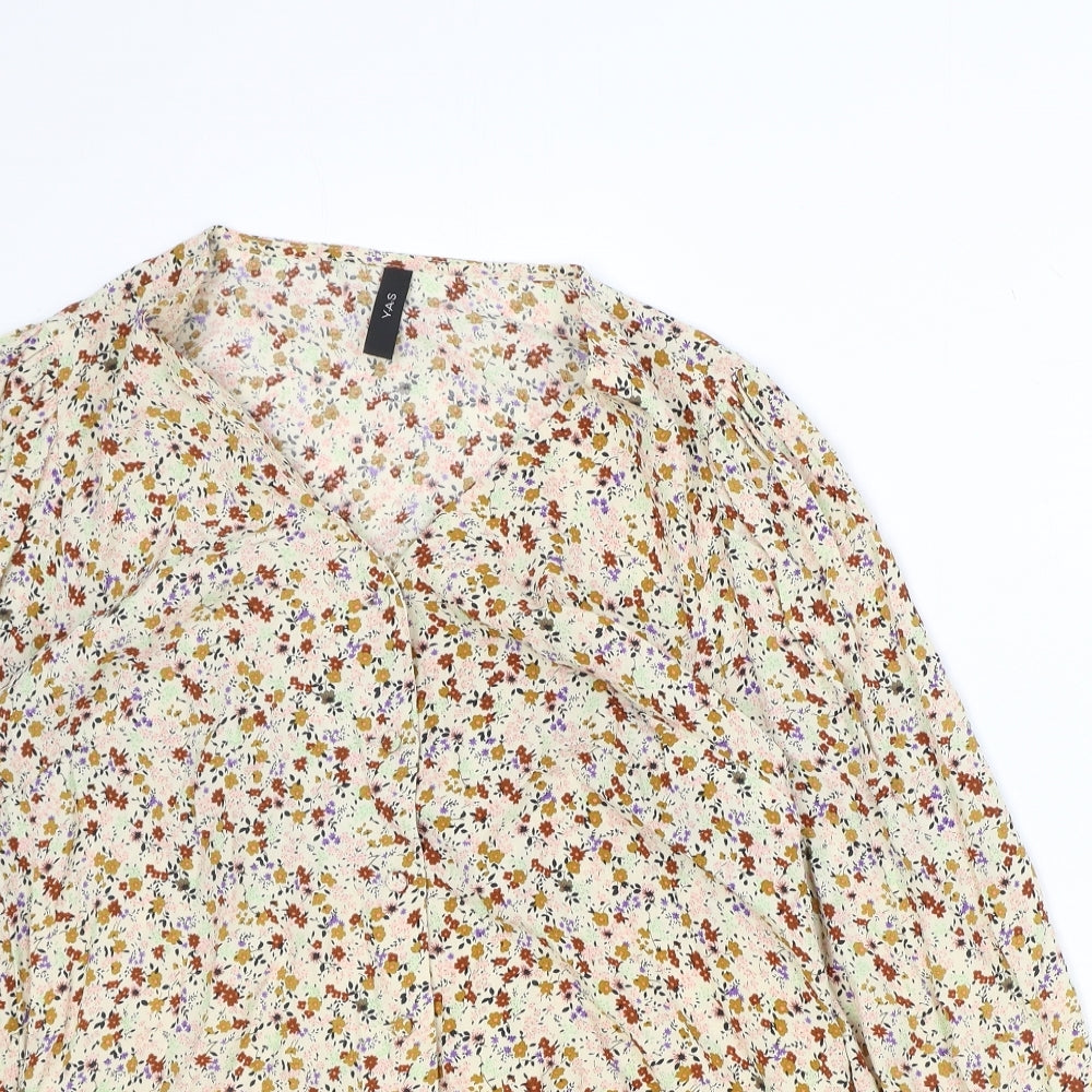 YAS Womens Beige Floral Viscose Basic Blouse Size S V-Neck