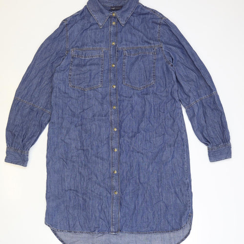 Marks and Spencer Womens Blue 100% Cotton Shirt Dress Size 12 Collared Snap