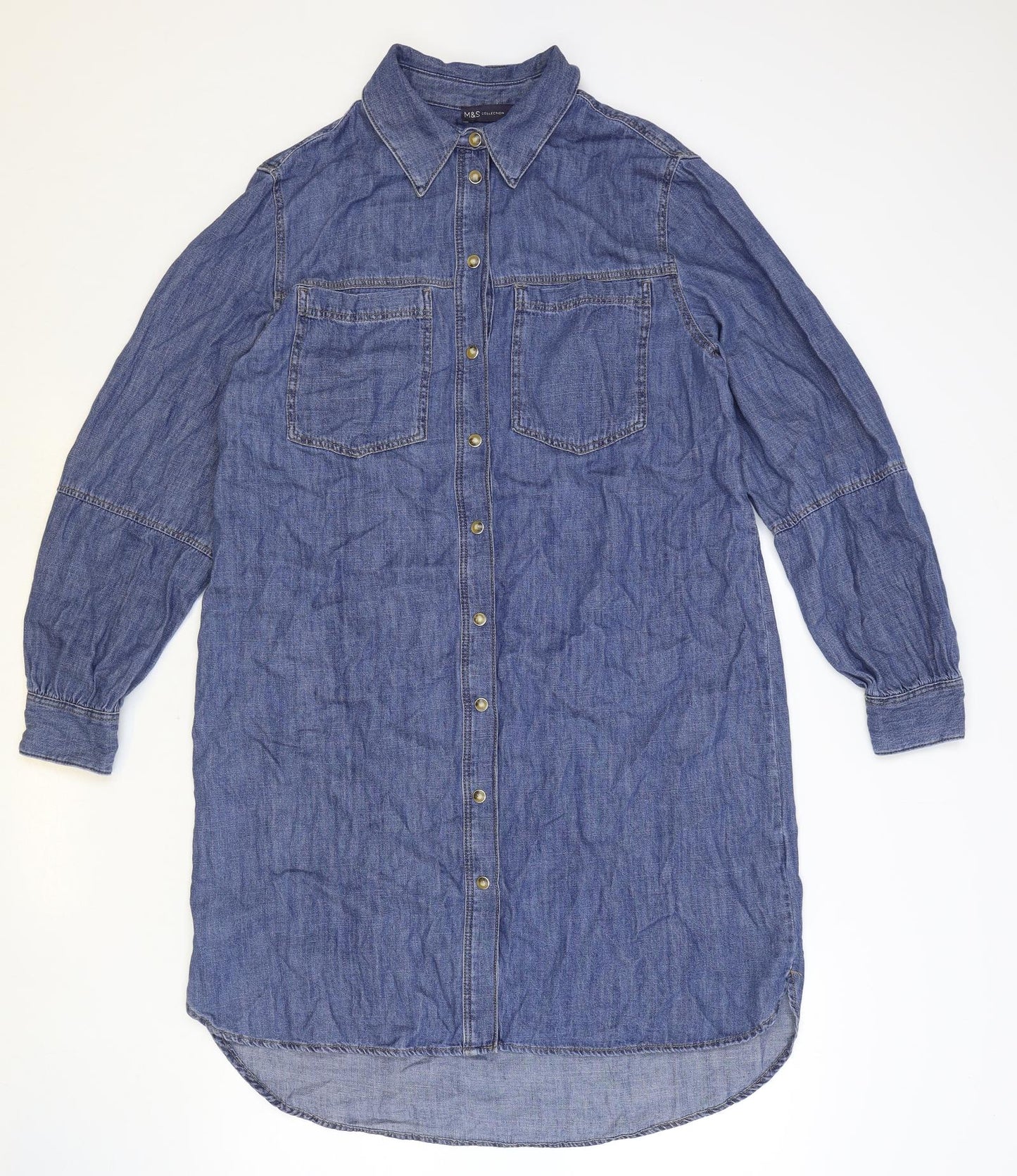 Marks and Spencer Womens Blue 100% Cotton Shirt Dress Size 12 Collared Snap