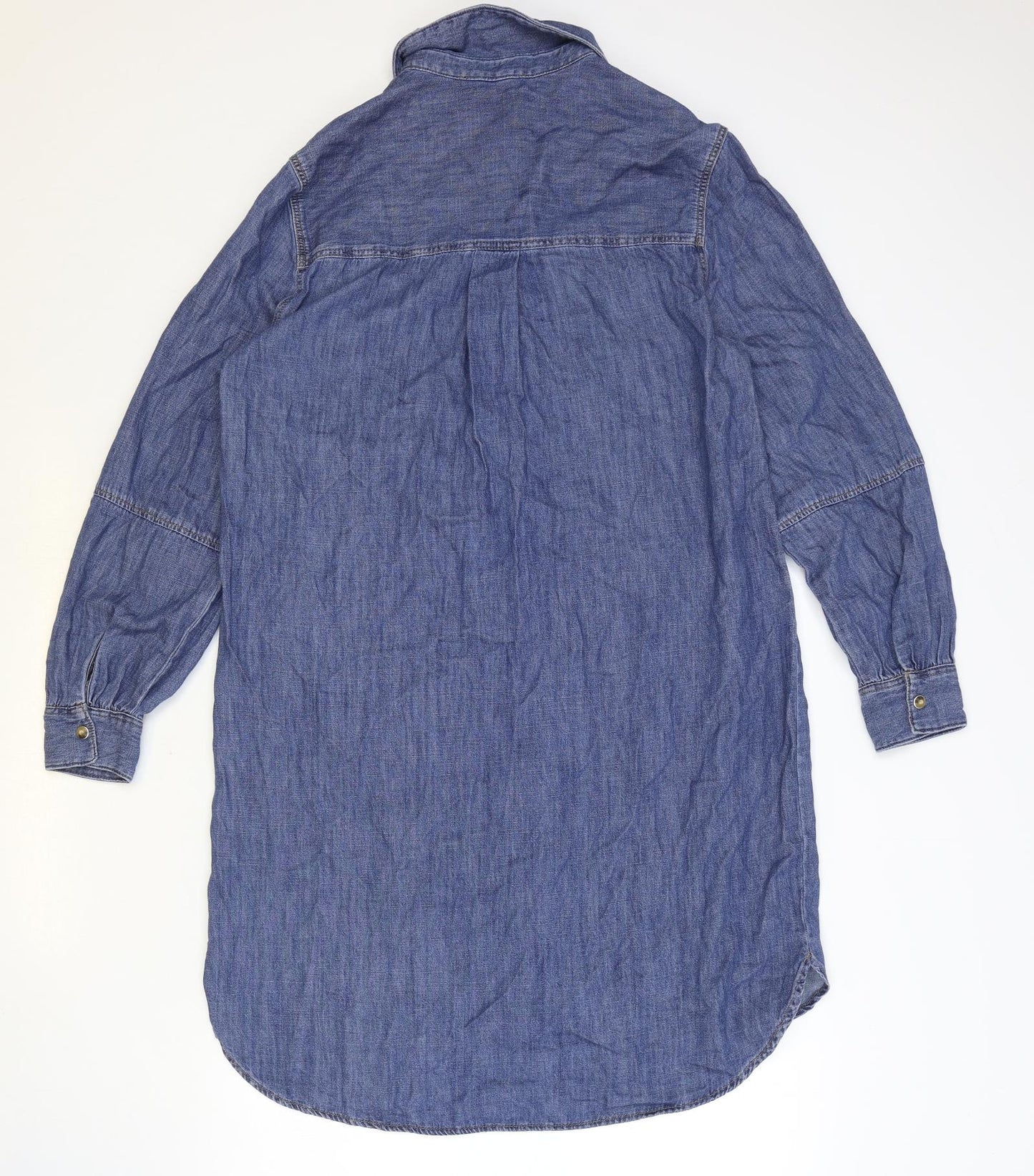 Marks and Spencer Womens Blue 100% Cotton Shirt Dress Size 12 Collared Snap