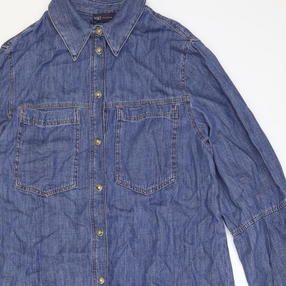 Marks and Spencer Womens Blue 100% Cotton Shirt Dress Size 12 Collared Snap