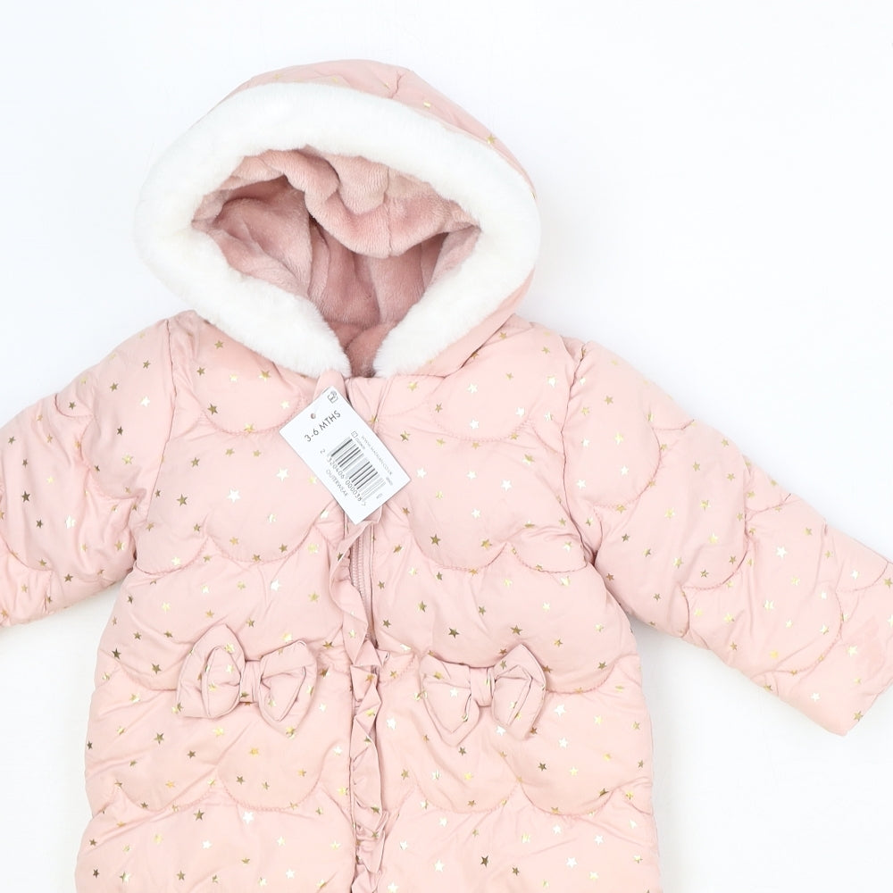 Matalan Girls Pink Basic Coat Snowsuit Size 3-6 Months Zip - Star Print