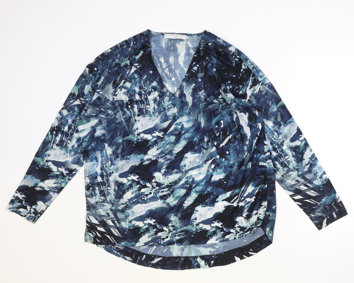 John Lewis Womens Blue Geometric Polyester Basic Blouse Size 12 V-Neck