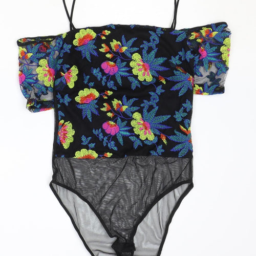 Topshop Womens Black Floral Polyester Bodysuit One-Piece Size 6 Snap - Cold Shoulder, Mesh Detail