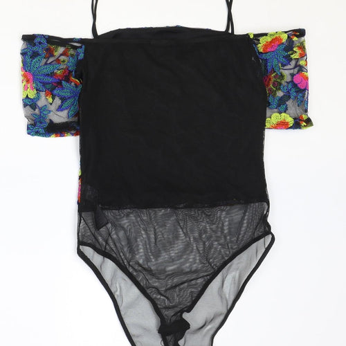 Topshop Womens Black Floral Polyester Bodysuit One-Piece Size 6 Snap - Cold Shoulder, Mesh Detail