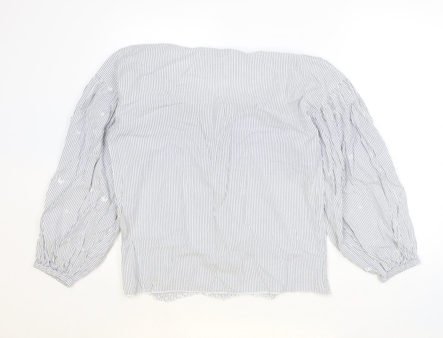 Oliver Bonas Womens Blue Striped 100% Cotton Basic Blouse Size 10 V-Neck