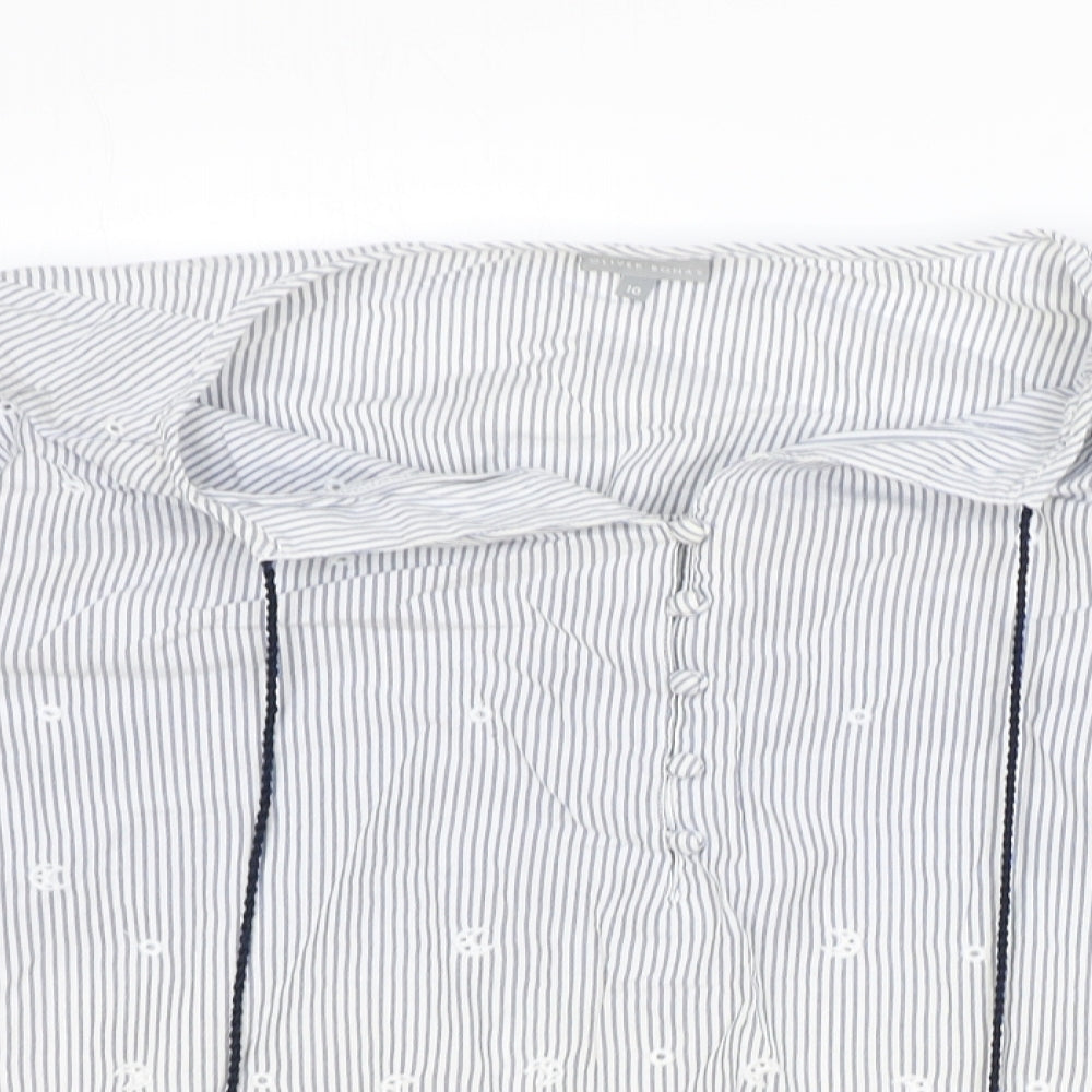 Oliver Bonas Womens Blue Striped 100% Cotton Basic Blouse Size 10 V-Neck