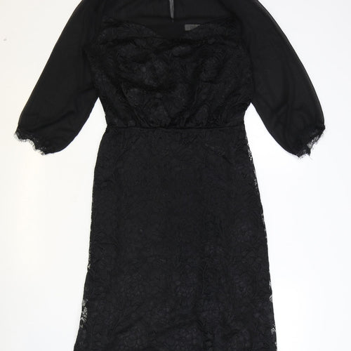Oasis Womens Black Geometric Polyester A-Line Size M Round Neck Button