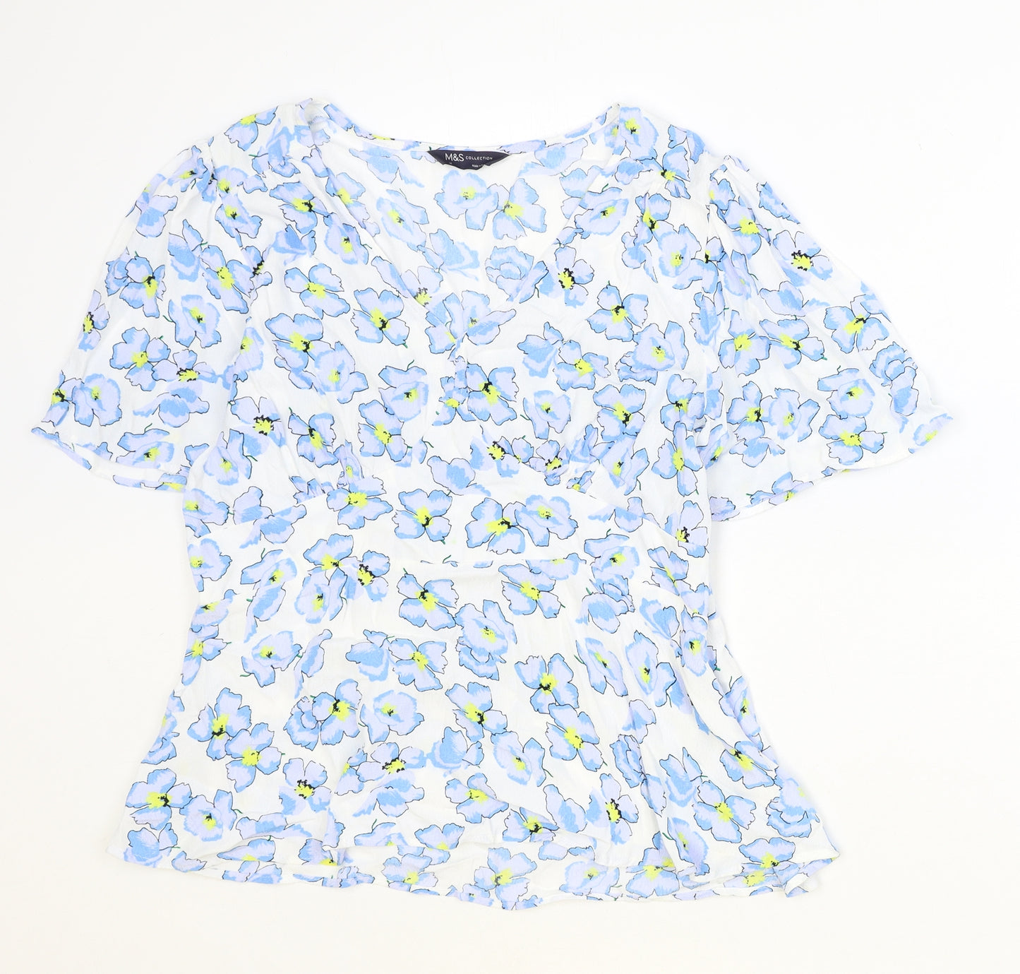 Marks and Spencer Womens Ivory Floral Viscose Basic Blouse Size 14 V-Neck