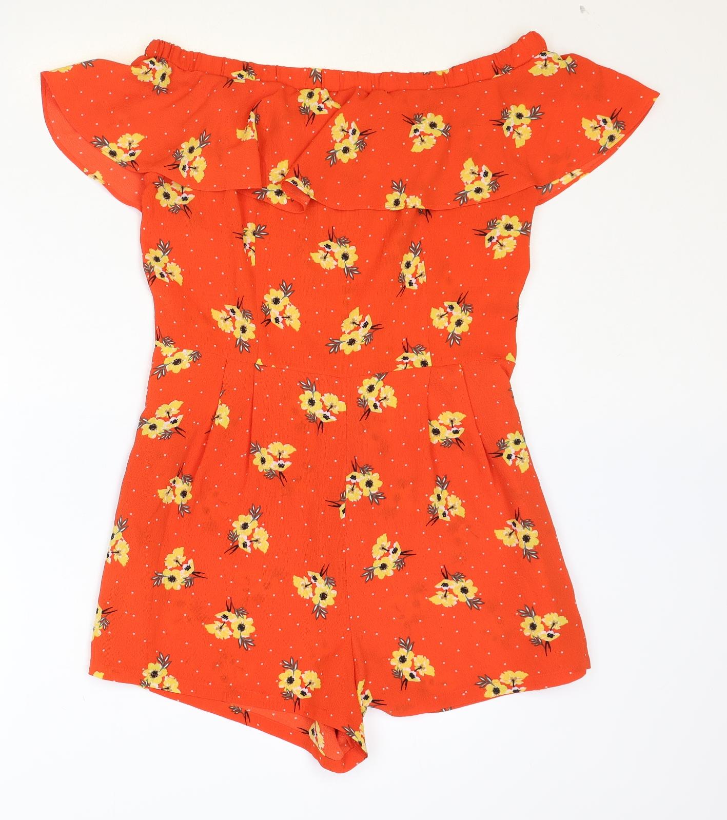 New Look Womens Orange Floral Polyester Playsuit One-Piece Size 14 Zip - Bardot