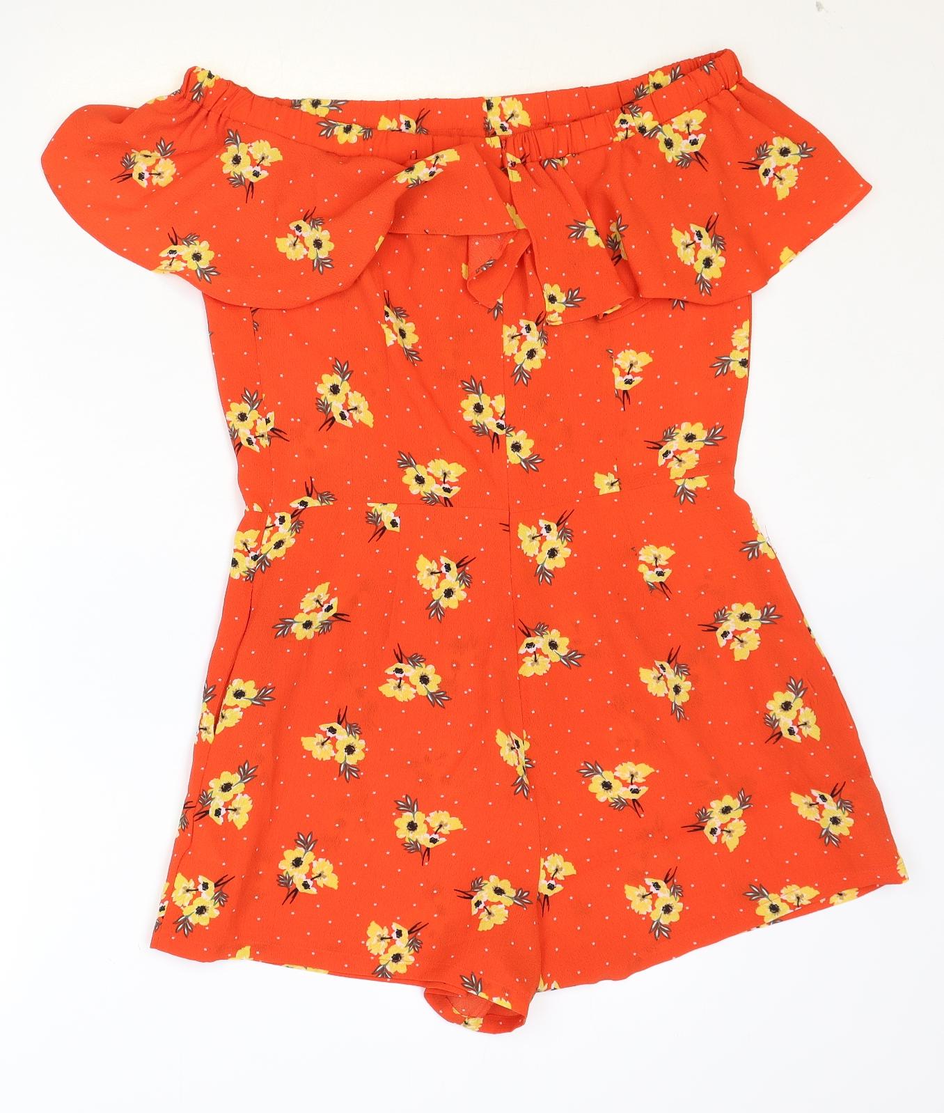 New Look Womens Orange Floral Polyester Playsuit One-Piece Size 14 Zip - Bardot