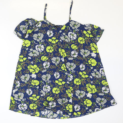 Boohoo Womens Blue Floral Polyester Basic Blouse Size 8 V-Neck