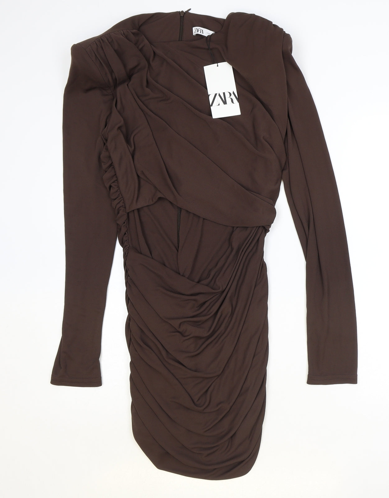 Zara Womens Brown Polyester Bodycon Size XL Round Neck Zip - Ruched
