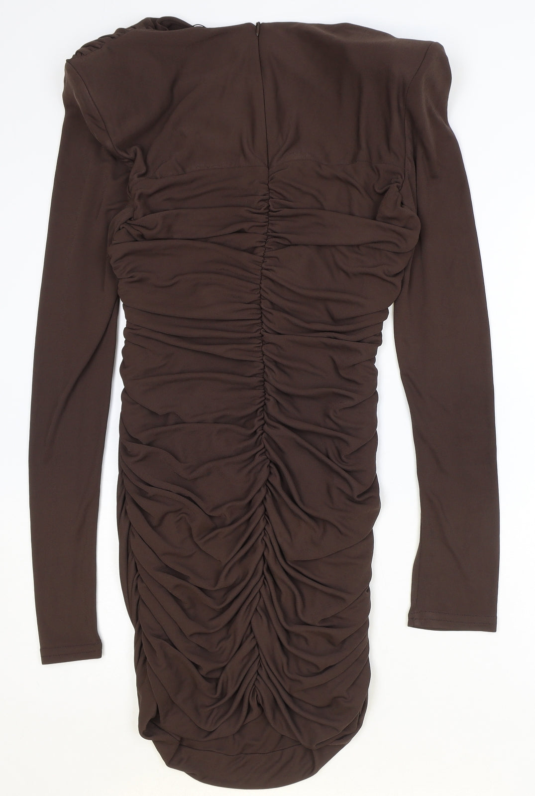 Zara Womens Brown Polyester Bodycon Size XL Round Neck Zip - Ruched