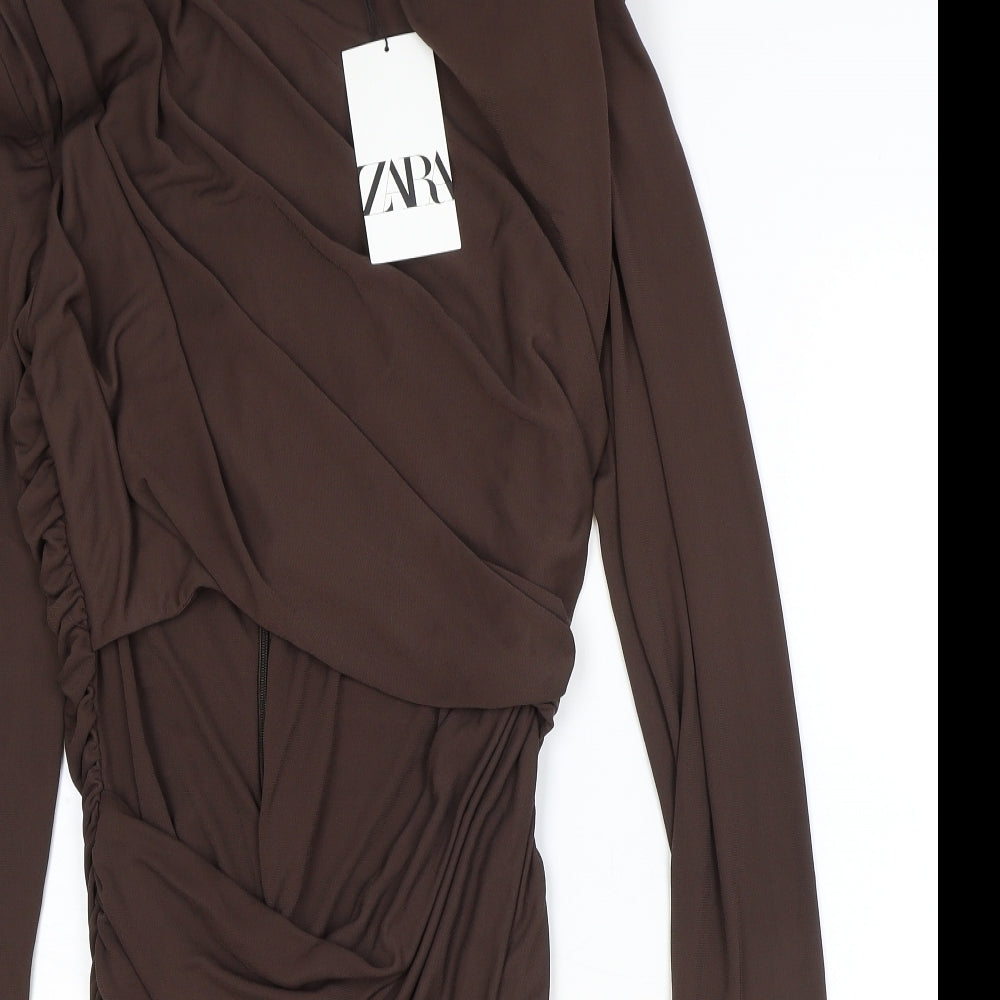 Zara Womens Brown Polyester Bodycon Size XL Round Neck Zip - Ruched