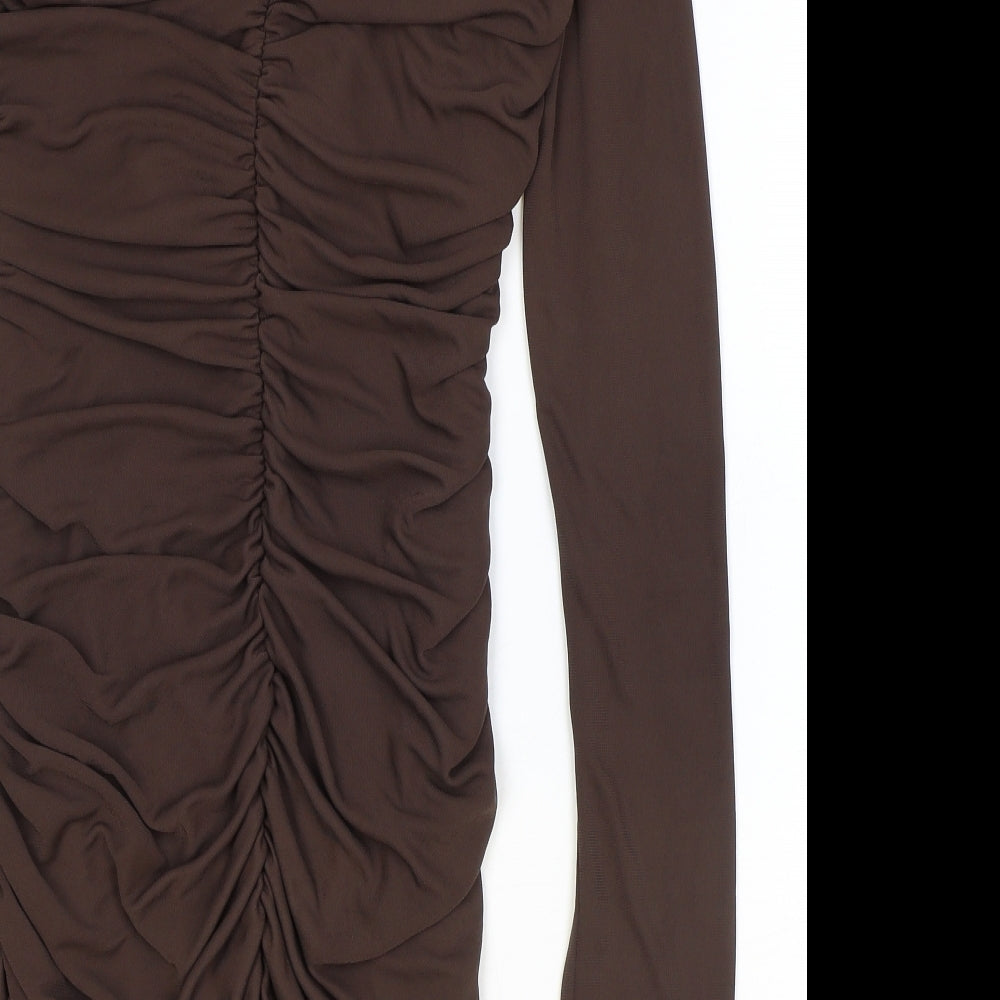 Zara Womens Brown Polyester Bodycon Size XL Round Neck Zip - Ruched