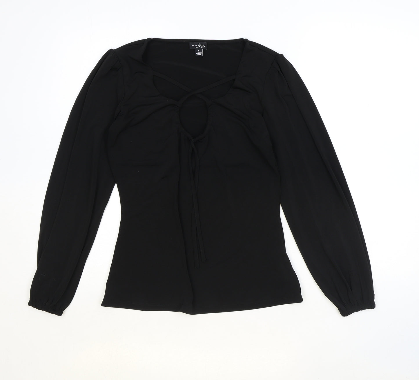 Por Moi Womens Black Polyester Basic Blouse Size 8 V-Neck