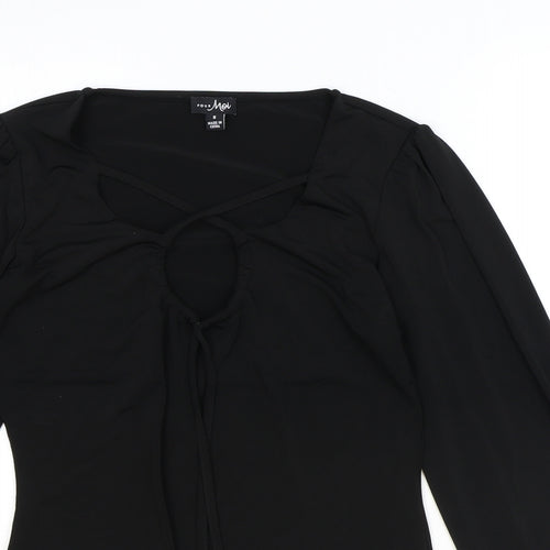 Por Moi Womens Black Polyester Basic Blouse Size 8 V-Neck