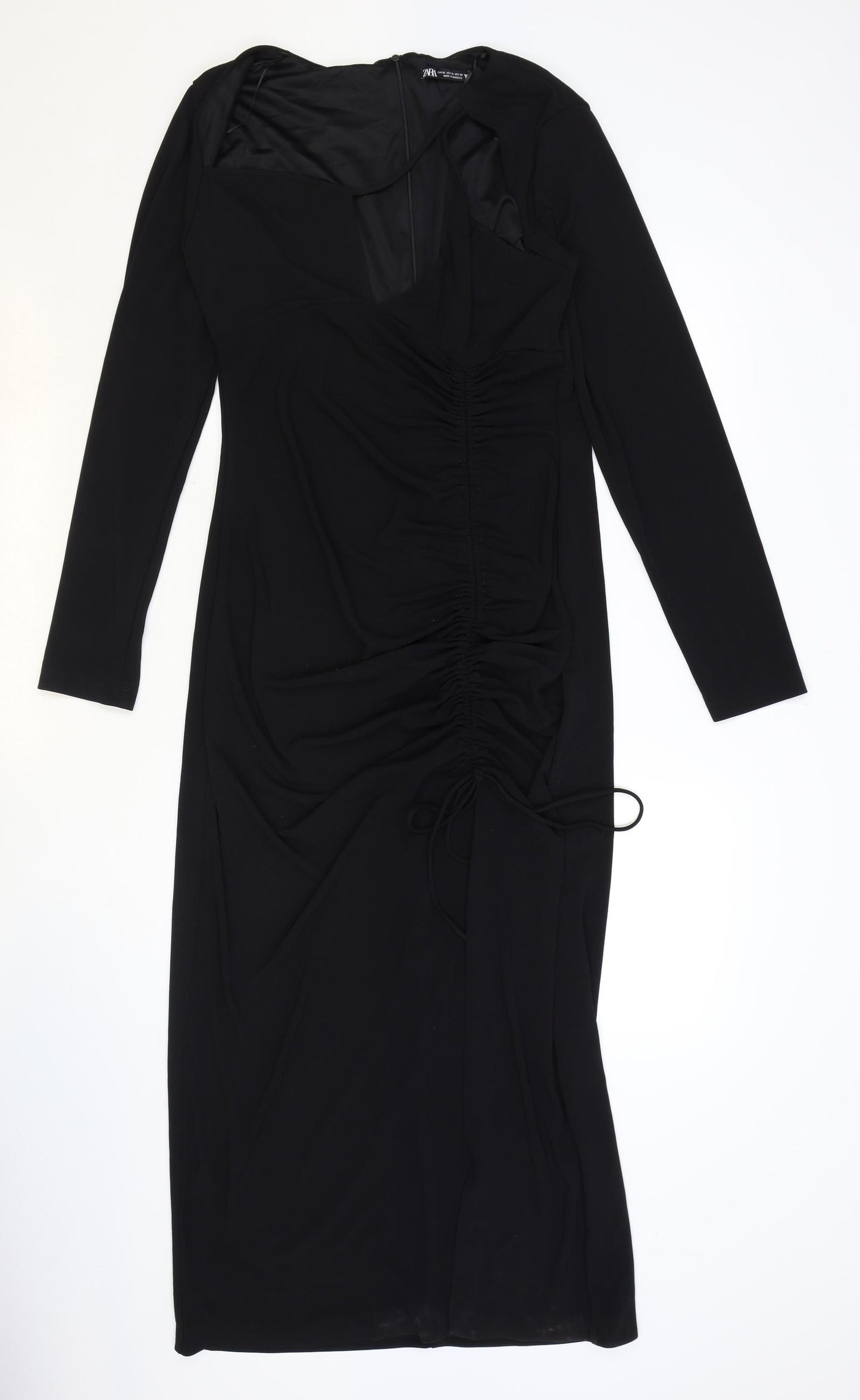 Zara Womens Black Polyester Bodycon Size XL V-Neck Zip - Ruched