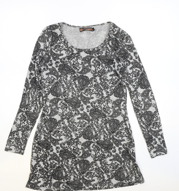 QED London Womens Grey Paisley Polyester A-Line Size M Scoop Neck Pullover