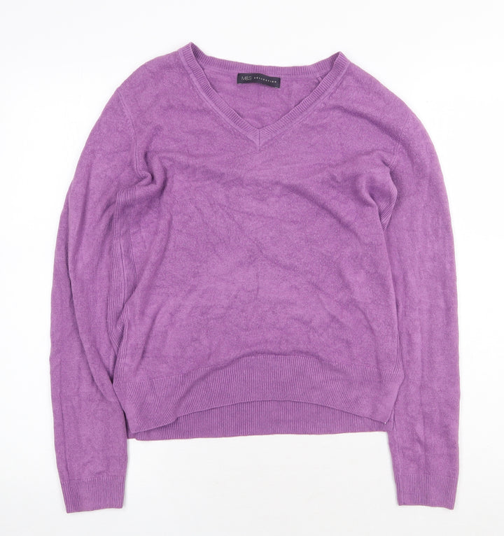 Marks and Spencer Womens Purple V-Neck Acrylic Pullover Jumper Size 8