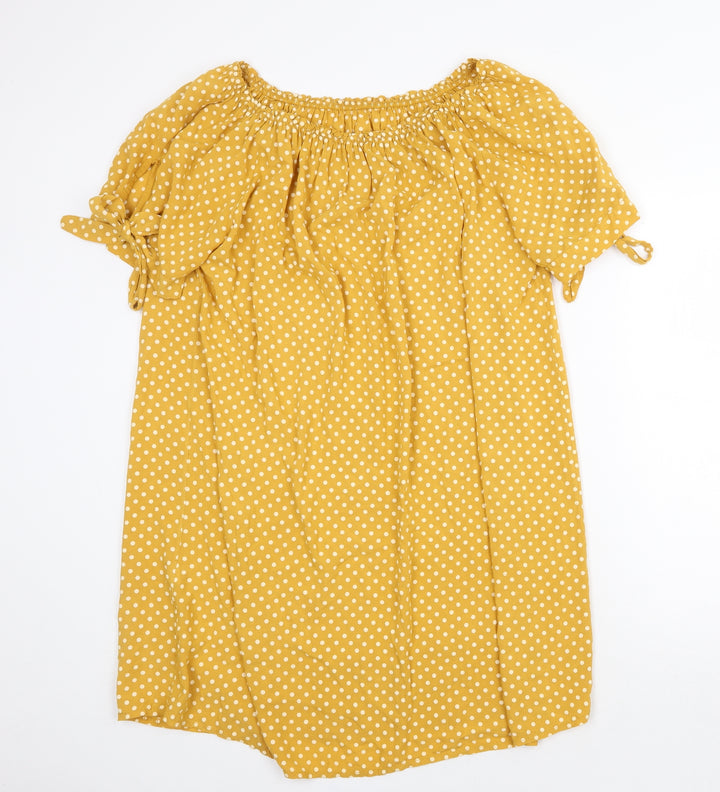 Made in Italy Womens Yellow Polka Dot Polyester Shift Size 8 Off the Shoulder Pullover - Bardot
