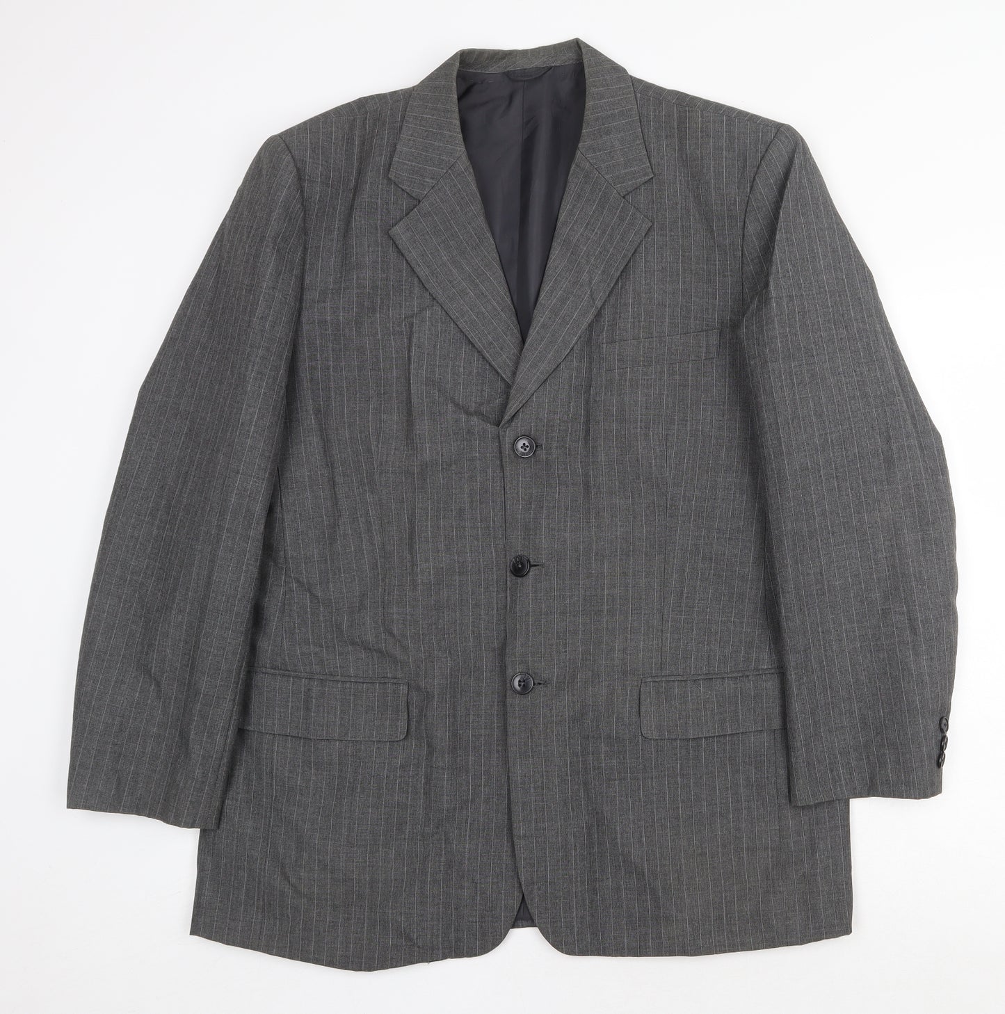 Preworn Mens Grey Striped Polyester Jacket Suit Jacket Size 42 Regular