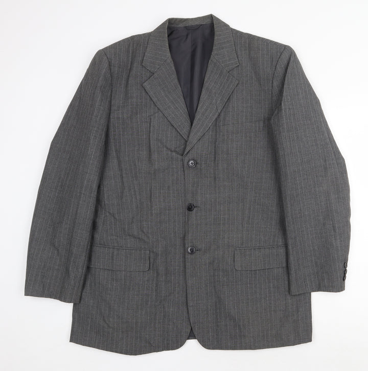 Preworn Mens Grey Striped Polyester Jacket Suit Jacket Size 42 Regular