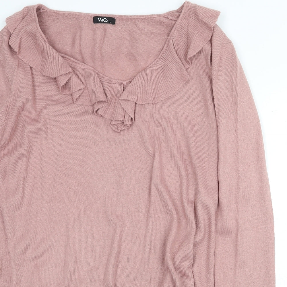 M&Co Womens Pink V-Neck Acrylic Pullover Jumper Size L