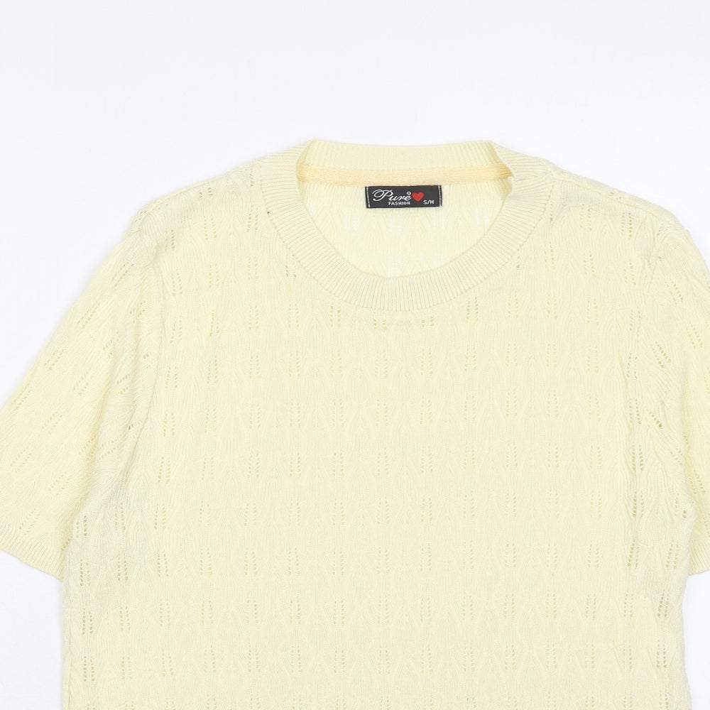 Pure Fashion Womens Yellow Round Neck Cotton Pullover Jumper Size S - Size S-M