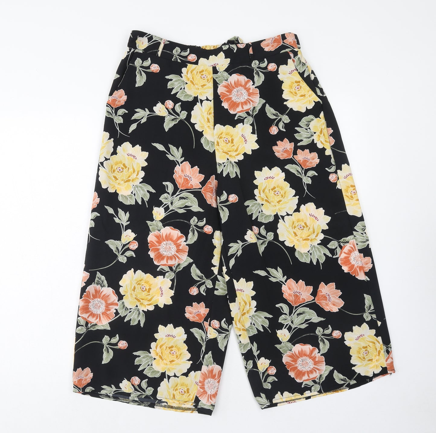Select Womens Black Floral Polyester Cropped Trousers Size 14 Regular Tie