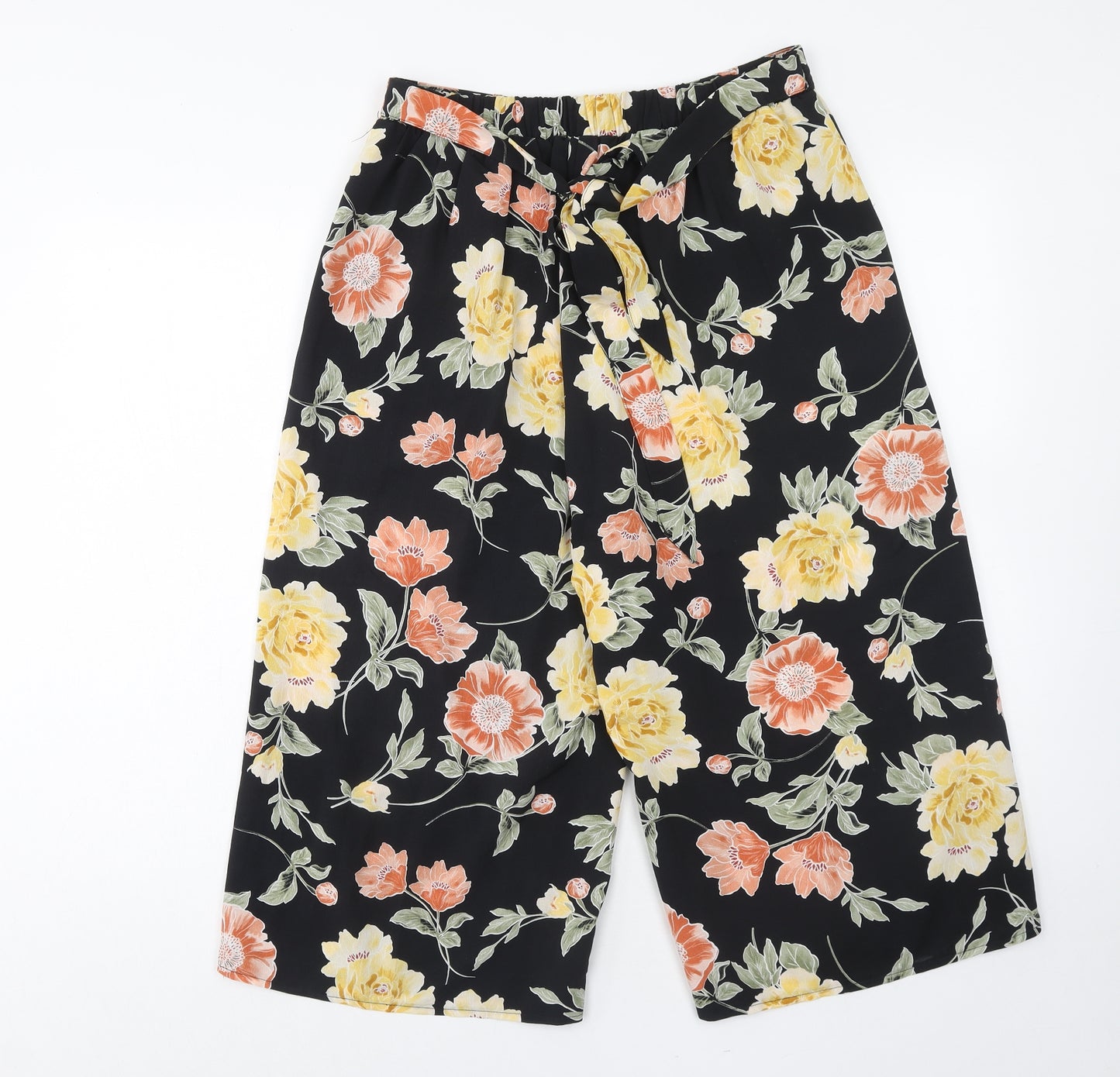 Select Womens Black Floral Polyester Cropped Trousers Size 14 Regular Tie