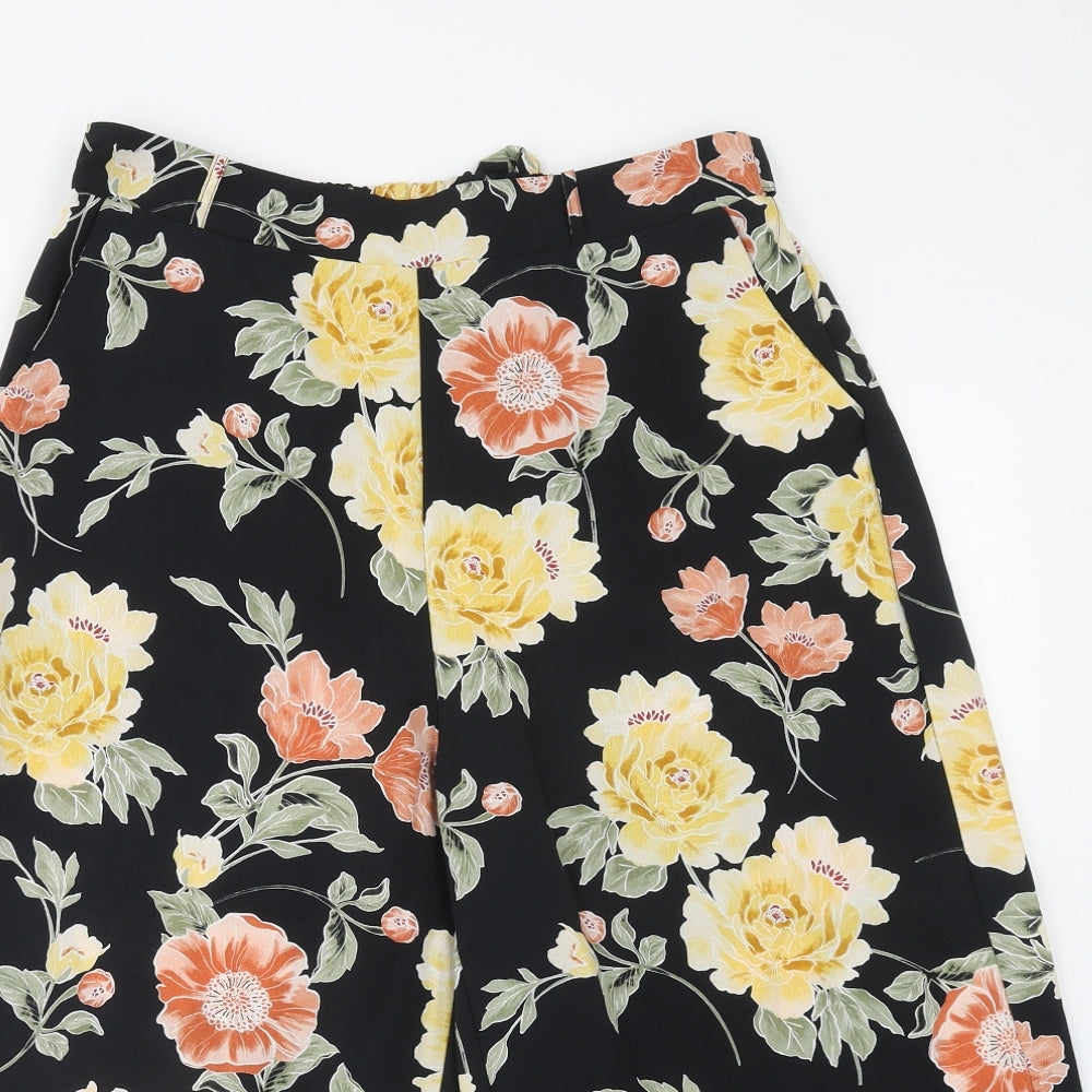 Select Womens Black Floral Polyester Cropped Trousers Size 14 Regular Tie
