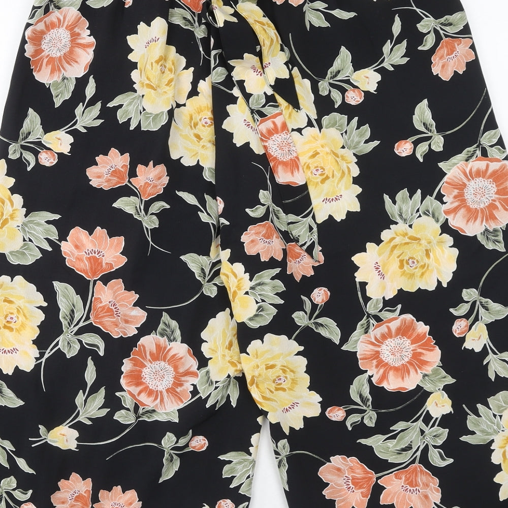 Select Womens Black Floral Polyester Cropped Trousers Size 14 Regular Tie